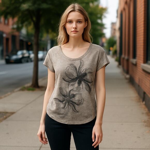 Y2K Agenda Top Womens L Floral Rhinestone Embellished Heather Beige Ruched Retro - Picture 1 of 8